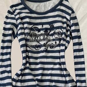 Y2K Grunge Striped Navy & White Long-Sleeve Women's Top